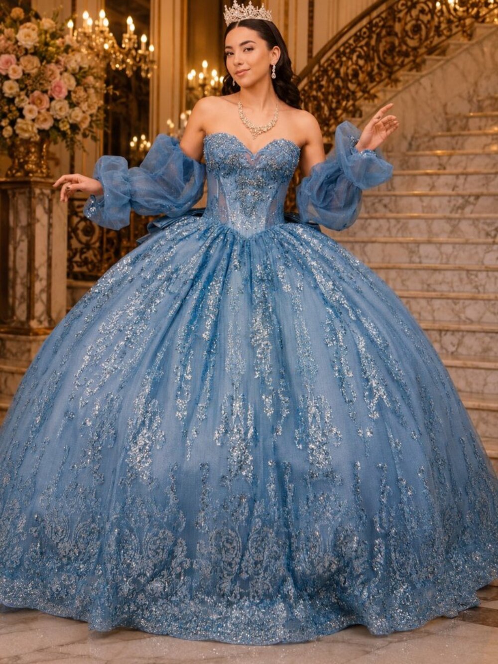 NEW DUSTY BLUE Tulle & Lace Sweetheart Evening Gown Embellished 8565JQ